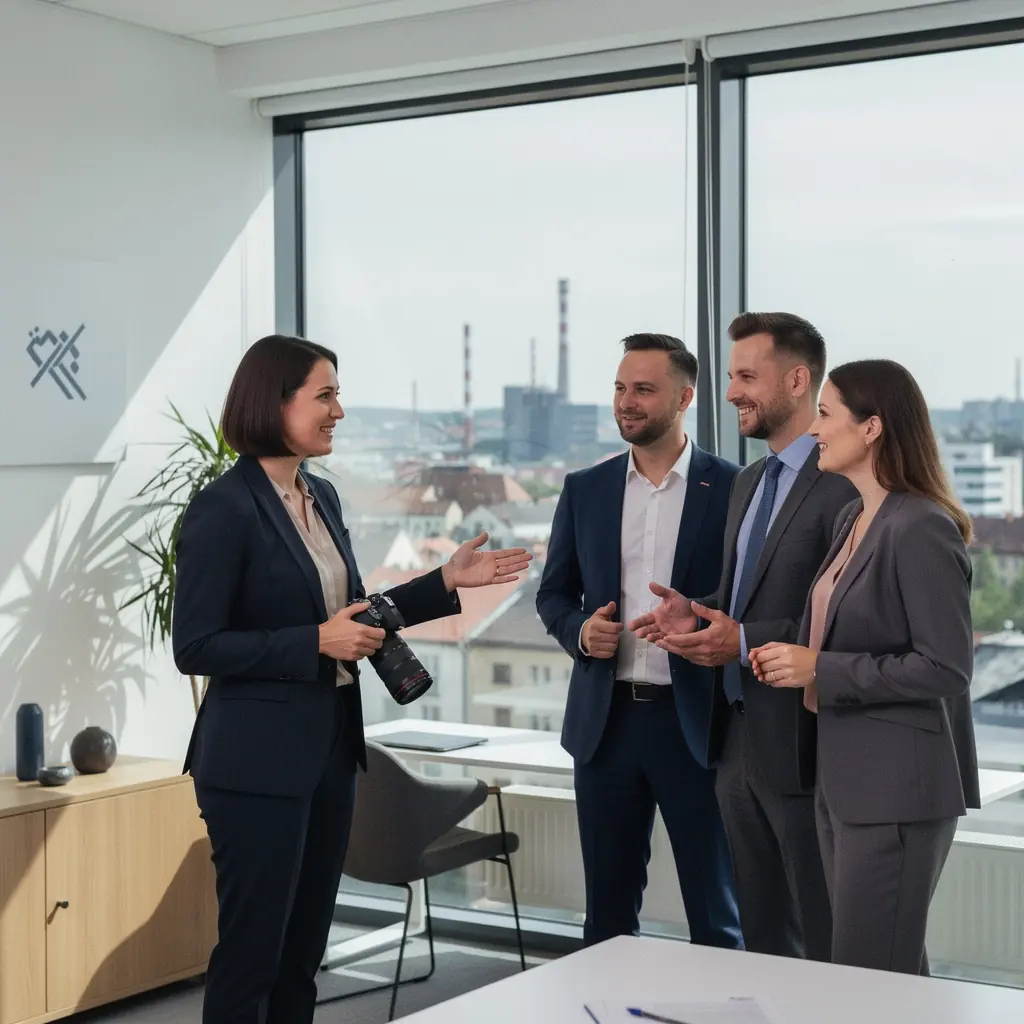 Firemní prezentace s logem na pozadí, ideální pro marketingové materiály.